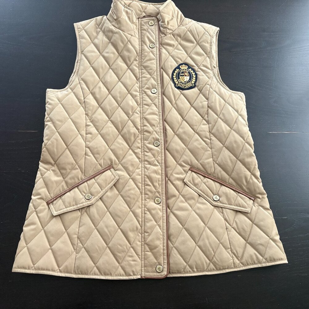 Lauren Ralph Lauren Beige Quilted Vest with Crest Emblem